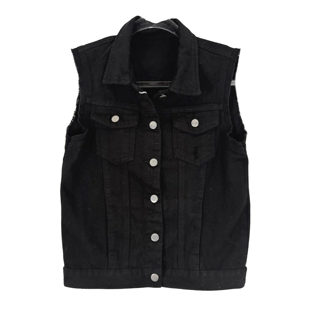 VIEWON Women's Denim Waistcoat Frayed Sleeveless Vest S Black Pockets NWT B2